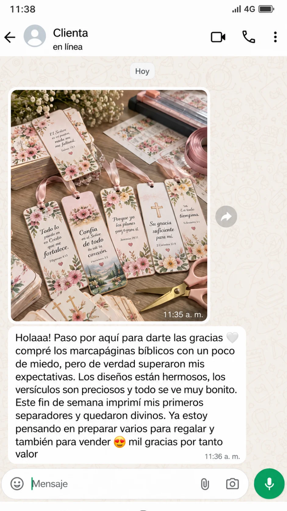 Clienta agradece los diseños y comparte sus primeros marcapáginas impresos