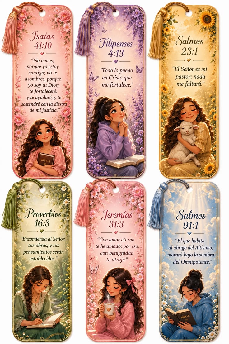 Hoja de marcapáginas con borlas: Isaías 41:10, Filipenses 4:13, Salmos 23:1, Proverbios 16:3, Jeremías 31:3 y Salmos 91:1