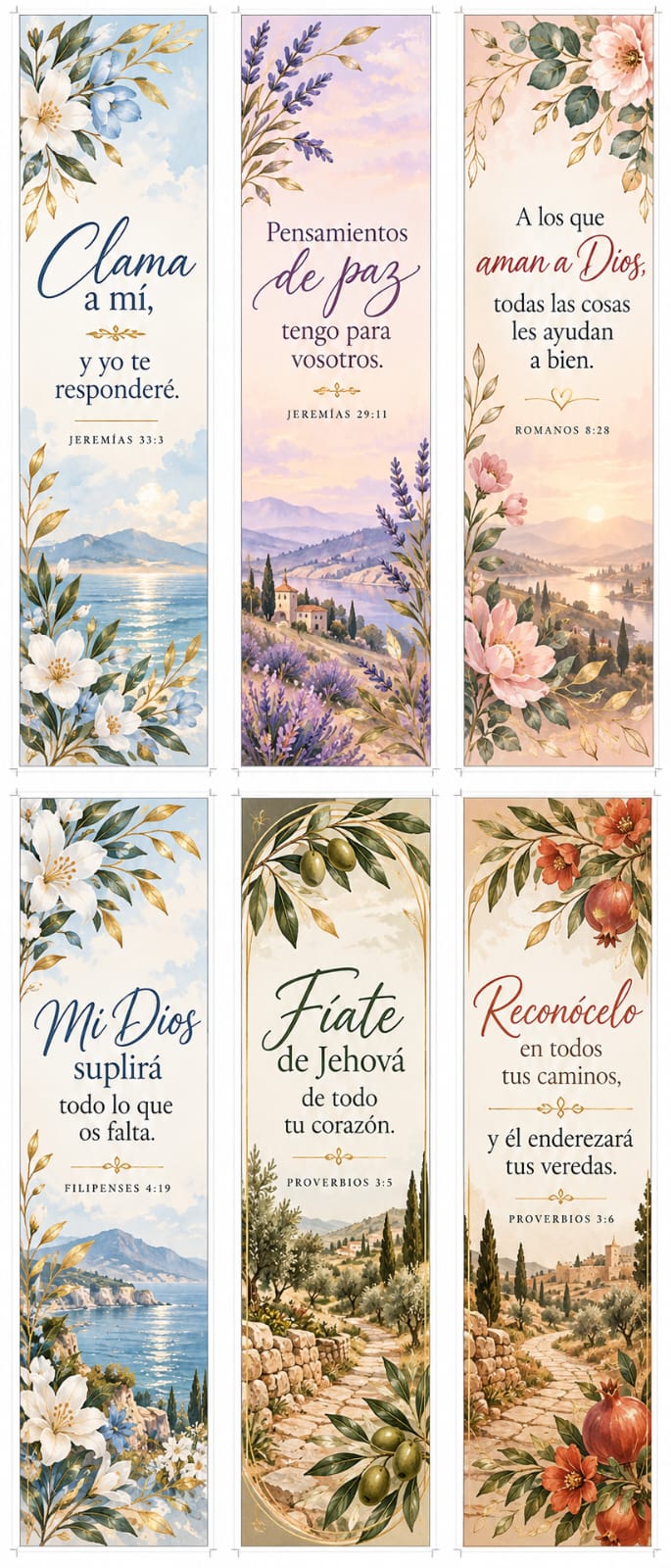 Hoja de marcapáginas en acuarela: Clama a mí, Pensamientos de paz, Romanos 8:28, Mi Dios suplirá, Fíate de Jehová y Reconócelo
