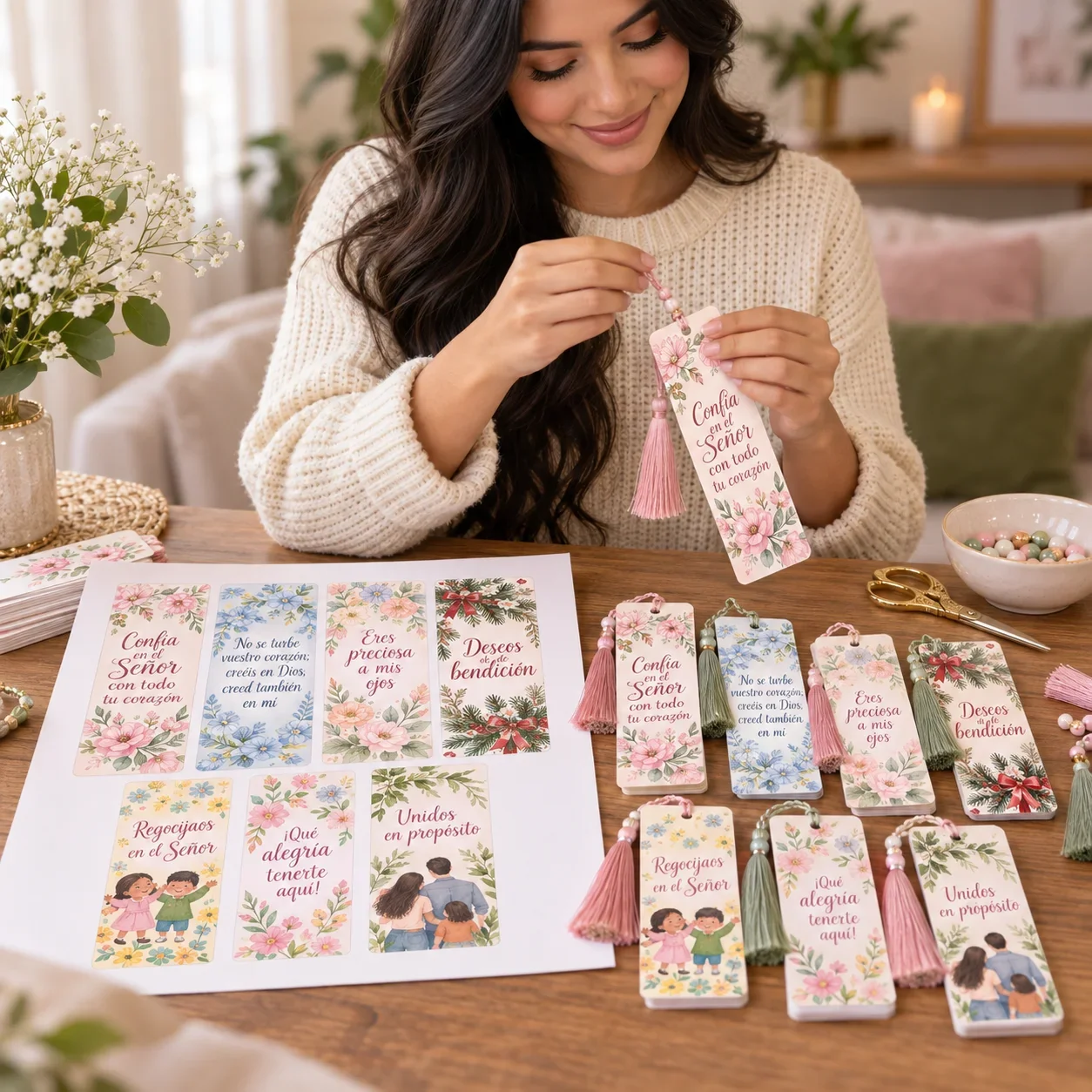 Mujer preparando marcapáginas florales con versículos y borlas junto a sus hojas impresas