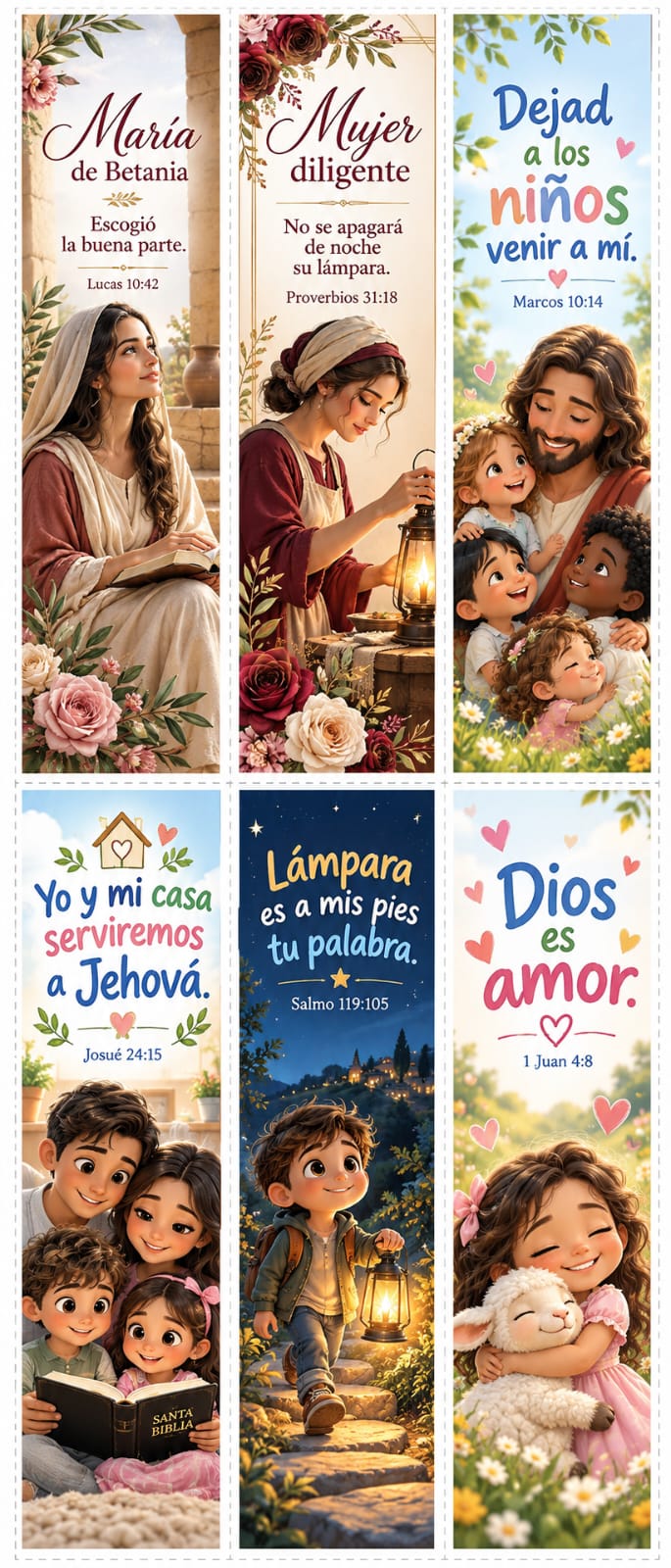 Hoja de marcapáginas: María de Betania, Mujer diligente, Dejad a los niños venir a mí, Yo y mi casa serviremos a Jehová, Lámpara es a mis pies y Dios es amor