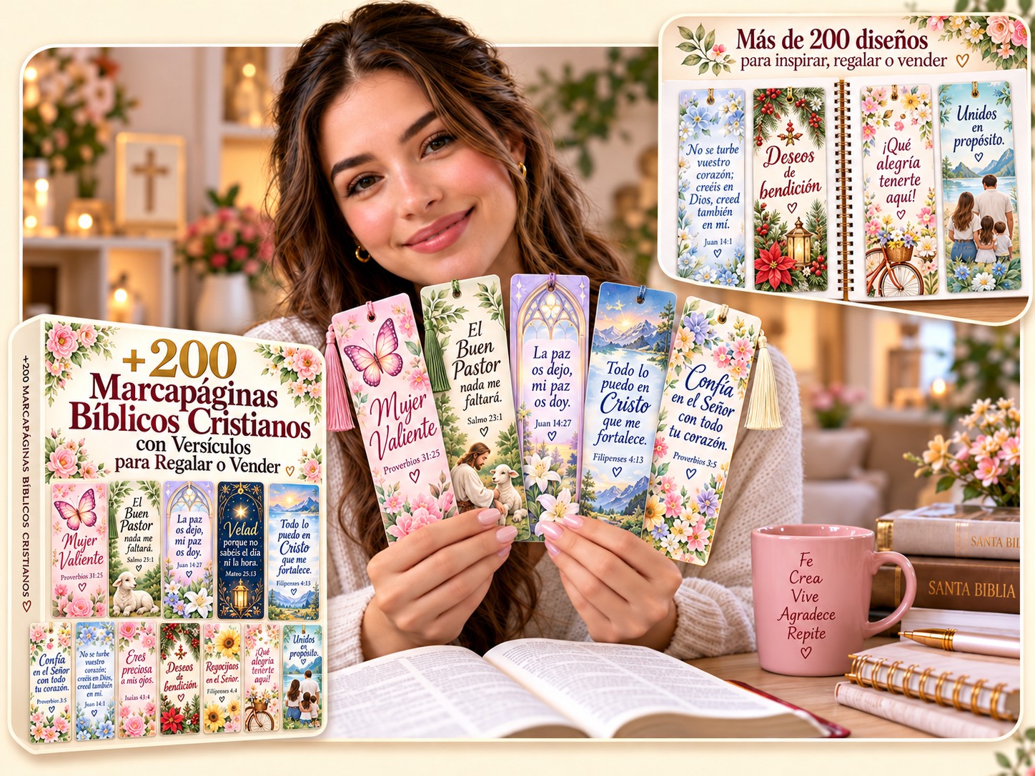 Mujer sonriendo mientras sostiene varios marcapáginas cristianos con versículos, junto a la caja de la colección de +200 diseños